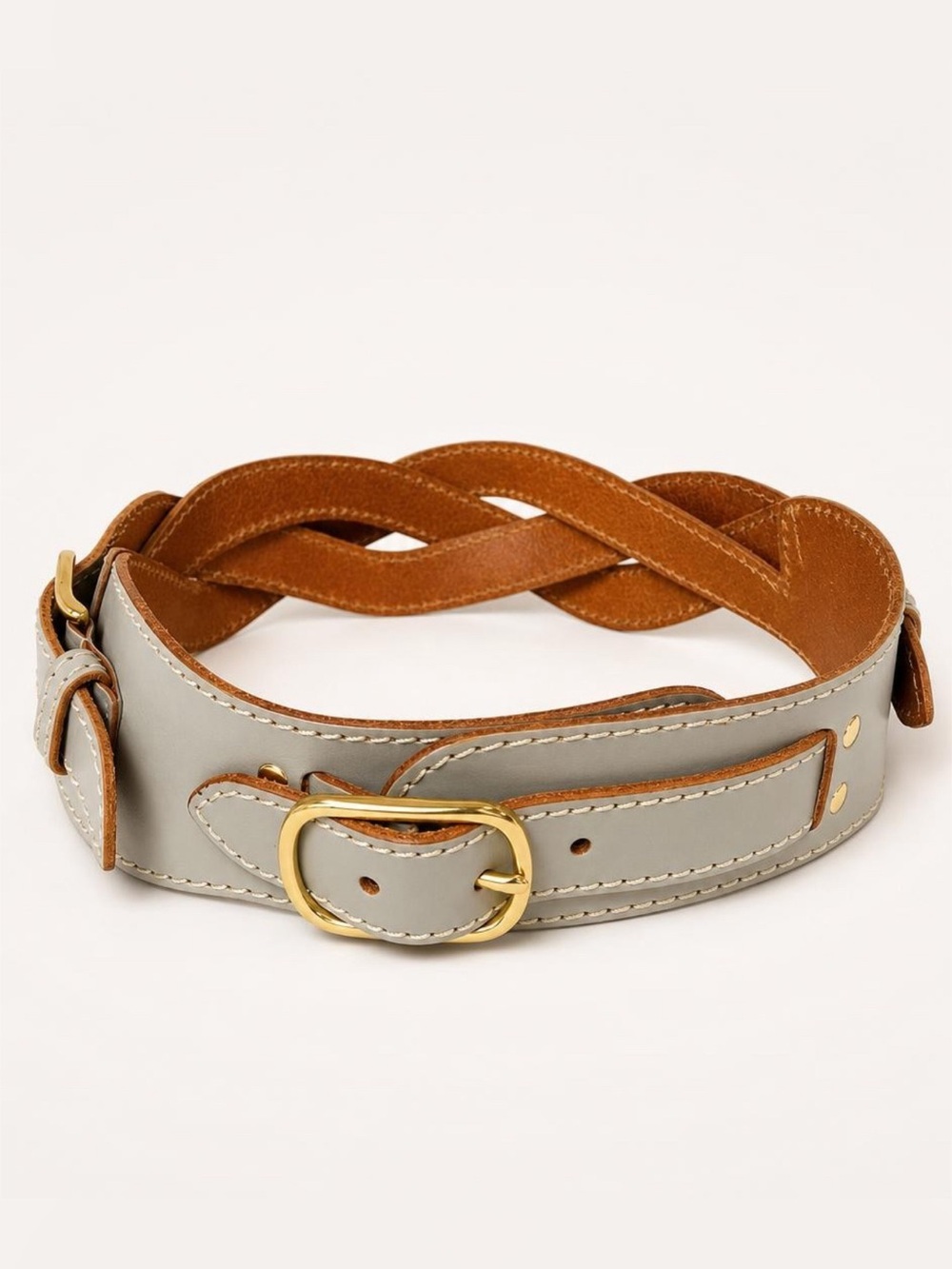 Linea Pelle Wide Braided Leather Waist Belt, Gold Buckle, taupe, EUC, 27-30